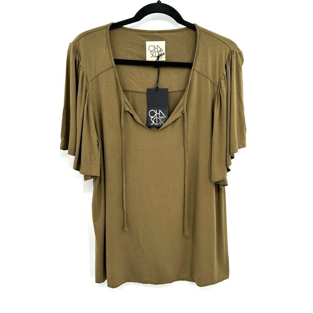 NWT CHASER Olive Green V-Neck Flutter Sleeve Pleated Back Shirt Top Size Medium